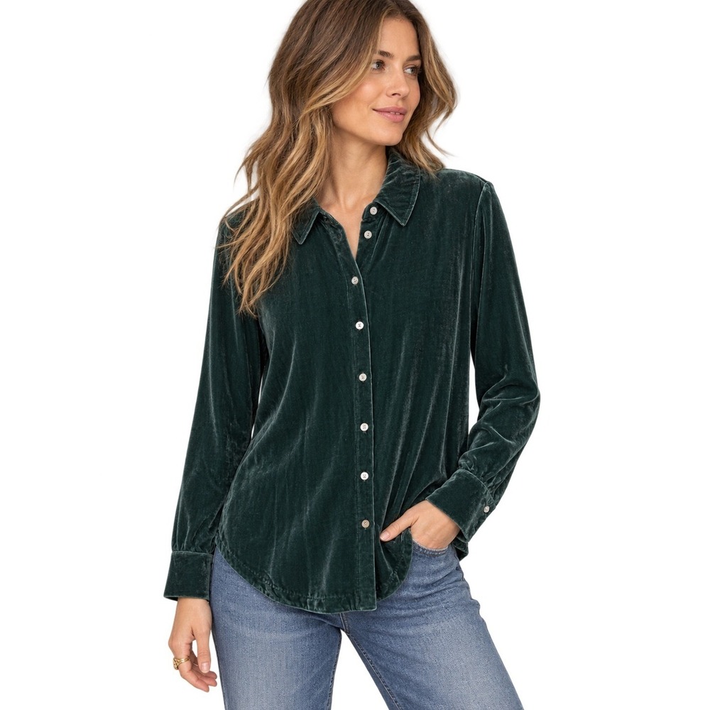 Faherty Genevieve Velvet Button Up Shirt Green Silk Blend Womens M